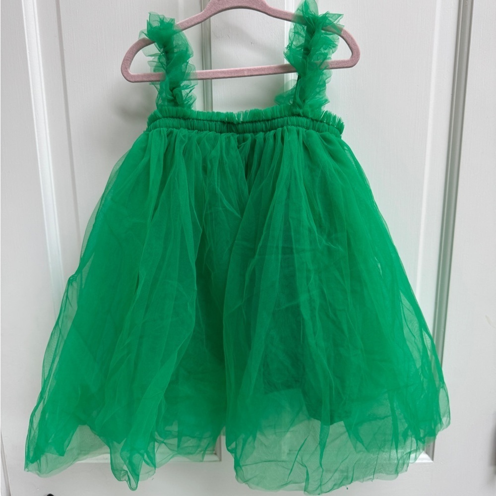 3T Girls Green Tulle Tank Top Dress with Floral Pin Detail - Picture 4 of 5